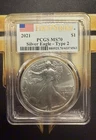 2021 American Silver Eagle Type 2 First Strike PCGS MS70-1 oz .999 Fine Silver