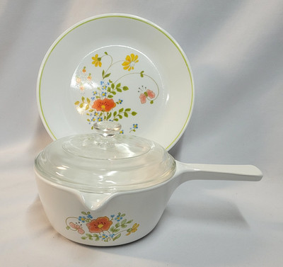 Corning Ware P-89-B Wildflower 2 1/2 Cup Sauce Saute Pan P81C Lid & Salad Plate