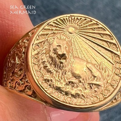 10k Gold Lion Aslan + Sunburst Signet Ring. Wide 2/3'' + 7.8g