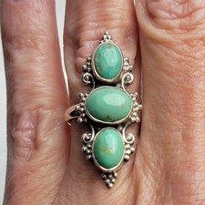 Artisan-Made 3-Stone Turquoise 925 Sterling Silver Ring Size 7