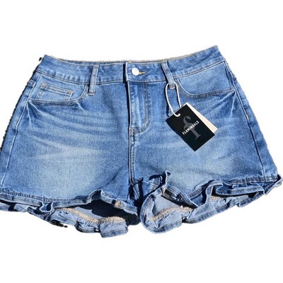 Flamingals Womans Floral Ruffle Hem Mid Rise Denim Shorts Size Small, 273165