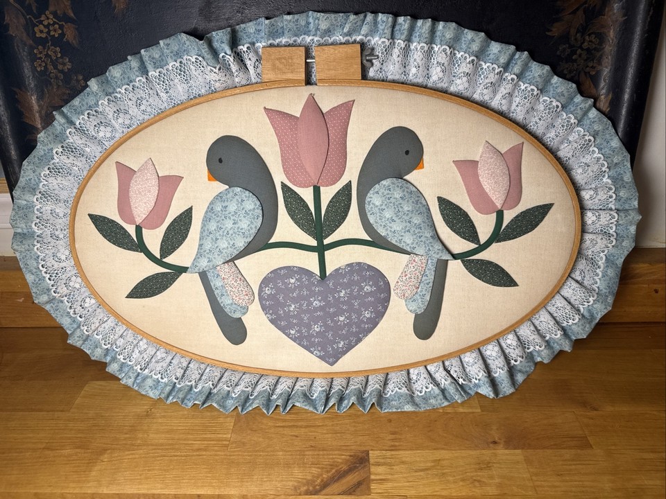 Birds Cottage Prairie Vintage Folk Handmade Textile Wall Art Appliqué Wood Hoop