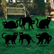 6 Pcs Halloween Black Cat Yard Signs with Stakes Openwork Eyes Cats Silhouette D