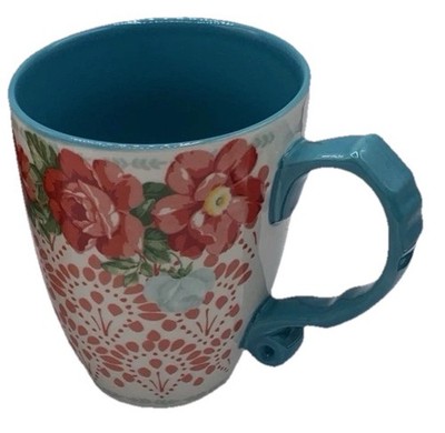 Vintage Pioneer Woman 28 oz JumboLatte Coffee Cup Mug Red & TealFloral Pattern