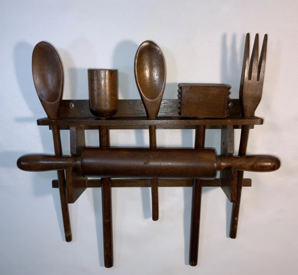 VTG 12’’ Wooden Kitchen Utensils Hanging Rolling Pin Spoons Fork Tenderizer + - Image 2 of 4