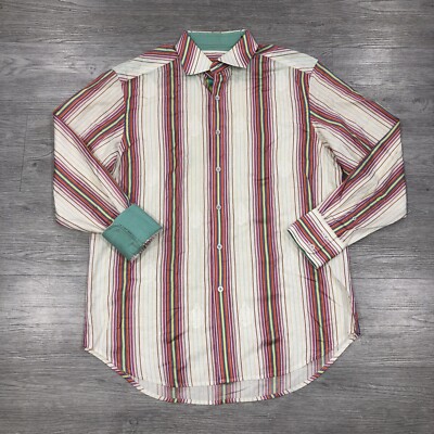 Robert Graham Mens Medium Striped Button Up Long Sleeve Flip Cuff Dress Shirt