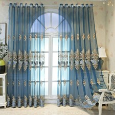 Clear Blue Embroidered Tulle Window Panel With Lace Eyelets