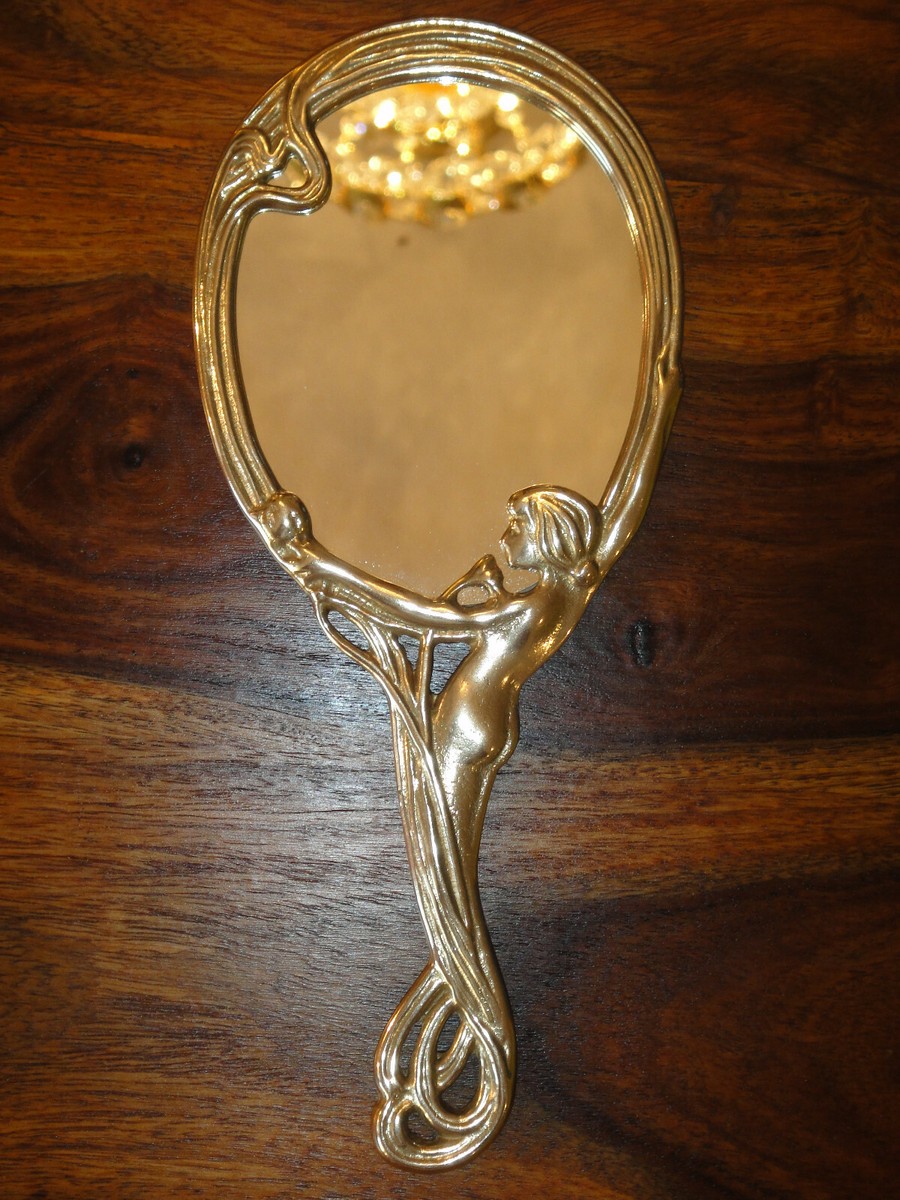 Handspiegel Jugendstil Kosmetik Spiegel Antik Schminkspiegel Messing Edel Gold