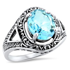GENUINE 3 CARAT SKY BLUE TOPAZ ANTIQUE STYLE 925 STERLING SILVER RING   1082z