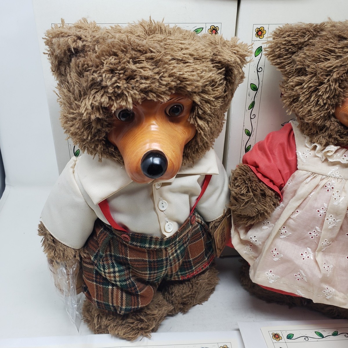 Vintage Robert Raikes Jack & Jill Bear Plush Wood Carved Face