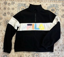 FILA Large Women's Oversized Sweatshirt Black Multi Logo Fleece 1/4 Zip