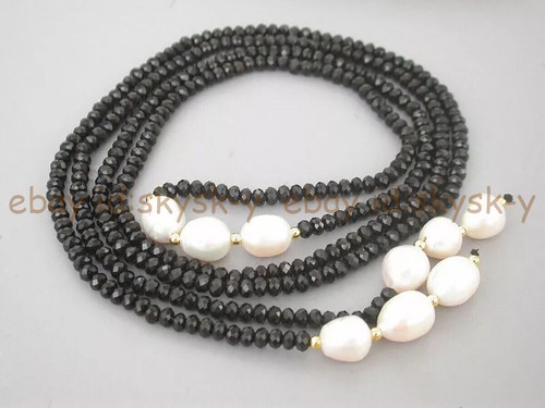 2x4mm Faceted Black Agate 10-11mm Natural White Rice Pearl Lariat Necklace - Picture 8 of 14