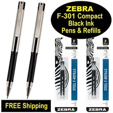 Zebra F-301 Compact Pens & Refills, 0.7mm Fine, Black ink 2 Pens & 2 Pk Refills