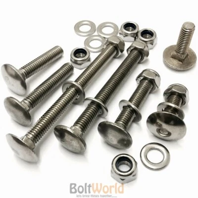 BOLT WORLD M6 A2 STAINLESS STEEL CUP SQUARE CARRIAGE BOLTS COACH SCREWS WASHERS NYLOC NUTS