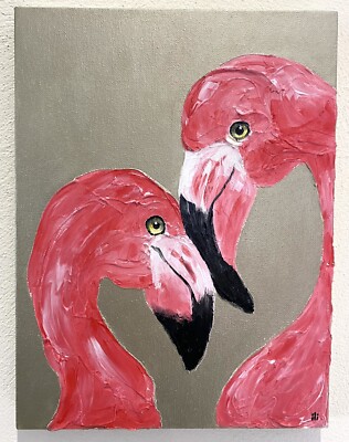 Original Acryl Leinwand Gemälde Flamingo Vögel Paar Portrait von ili
