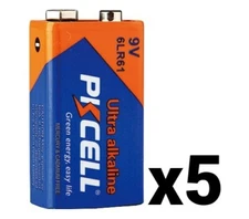 5 FIVE PKCELL ALKALINE 9V BATTERIES 9 VOLT 6LR61 EN22 NEW EXP 12-2033