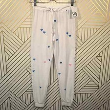 NWT Chaser Cozy Knit Tiny Hearts Print White Fleece Jogger Sweatpants Size XS