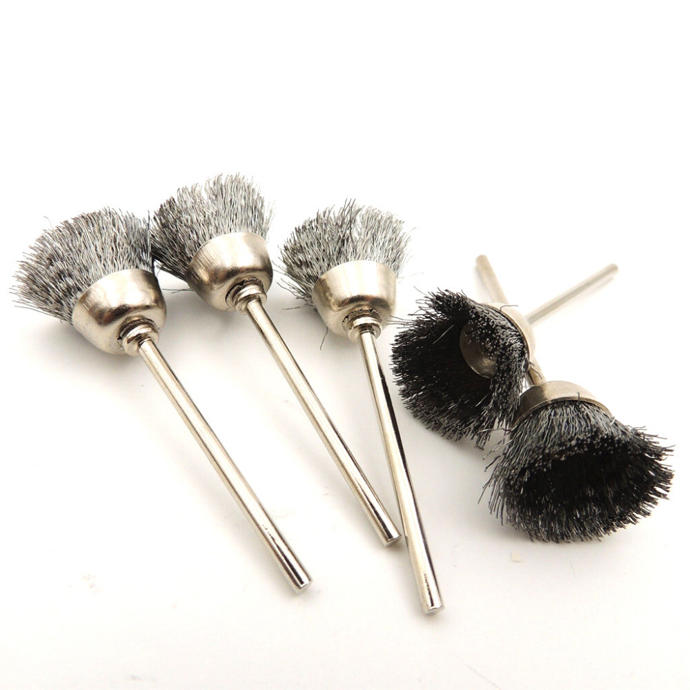 5pz - Mini spazzola a tazza D.12 - gambo 3mm in acciaio x dremel mini trapano