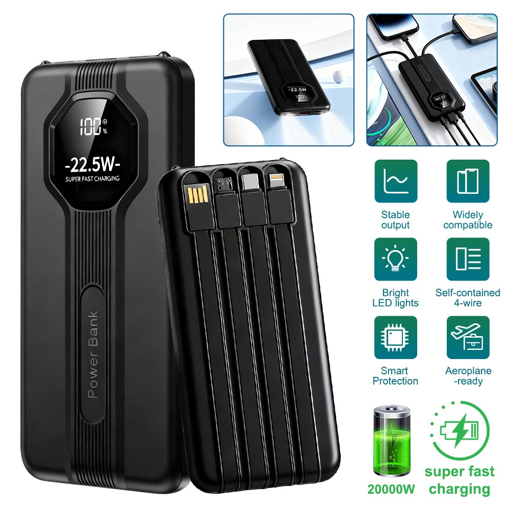 20000mAh Power Bank 22.5w Fast Charging with Built-in Cables USB C &For Apple UK