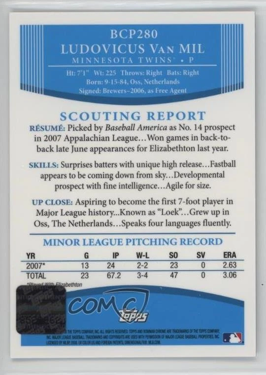 2008 Bowman Chrome Prospects Prospect Loek Van Mil Ludovicus Rookie Auto RC - Image 2 of 2