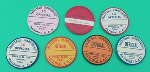 7 National AAU Basketball Pinbacks 'Official' 1936, '37, '38, '39, '42, '43, '44