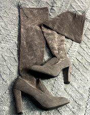 Gray Slouch Over-the-Knee Boots 7, Faux Suade, Side Zip  Drawstring, 3  Heels