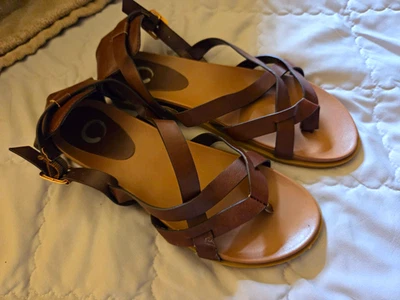 Women’s Brown Strappy Flat Ankle Strap Buckle Sandals Size 8 Faux Leather - Image 1 of 4