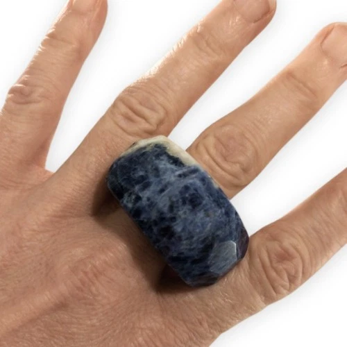 Solid Sodalite Ring Natural Blue White Stone Large