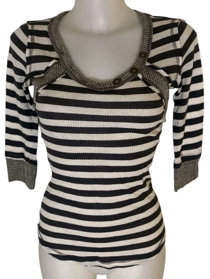 Y2K 90s Wet Seal Sz M Womens White Stripe Lace Henley Top Bella Swan Grunge Goth - Image 2 of 4