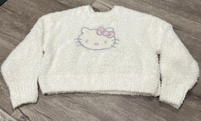 Hello Kitty Girls Pullover Sweater White sherpa Long Sleeve Size 7/8 Medium