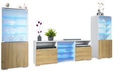 Wohnwand Lowboard Vitrine Wohnzimmer LED Granada Weiß matt Hochglanz Naturtöne
