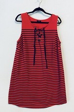 Talbots Dress Womens 1X Red Blue Striped Nautical Lace Up Sleeveless Beachy