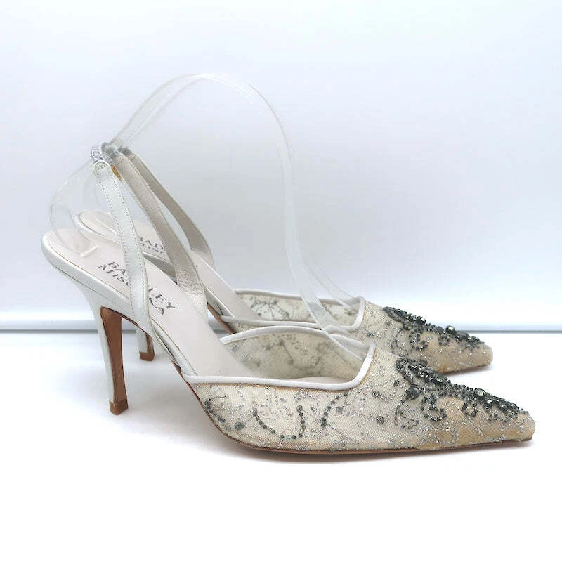 Badgley Mischka Embellished Mesh Slingback Pumps Light Gray Satin Size 38.5 NEW - Image 3 of 4
