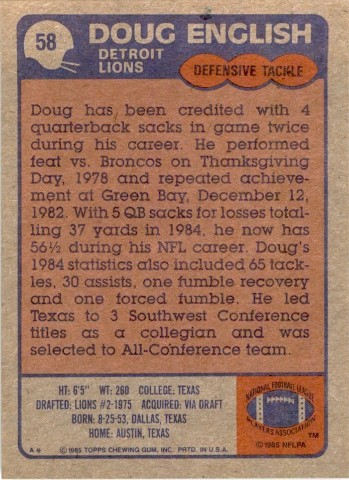 1985 TOPPS; DOUG ENGLISH DETROIT LIONS #58 - Image 2 of 2