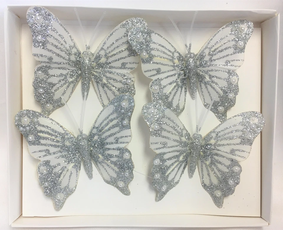 Pack Of 4 Silver Glitter Wire Feather Butterfly Decoration 7cm Craft Arrangement