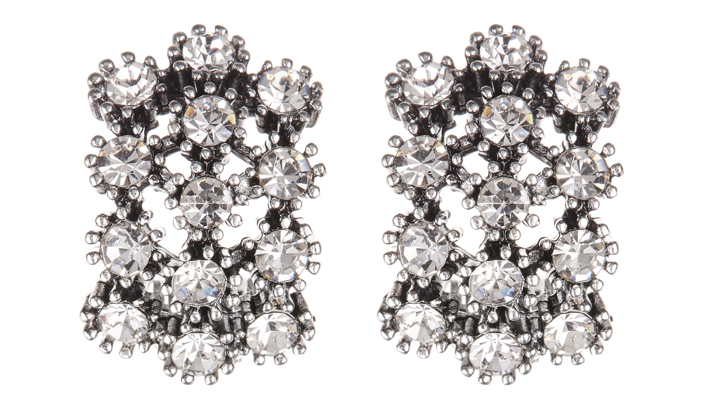 Stud Clip On Earrings antique silver with clear diamante crystals - Kambo