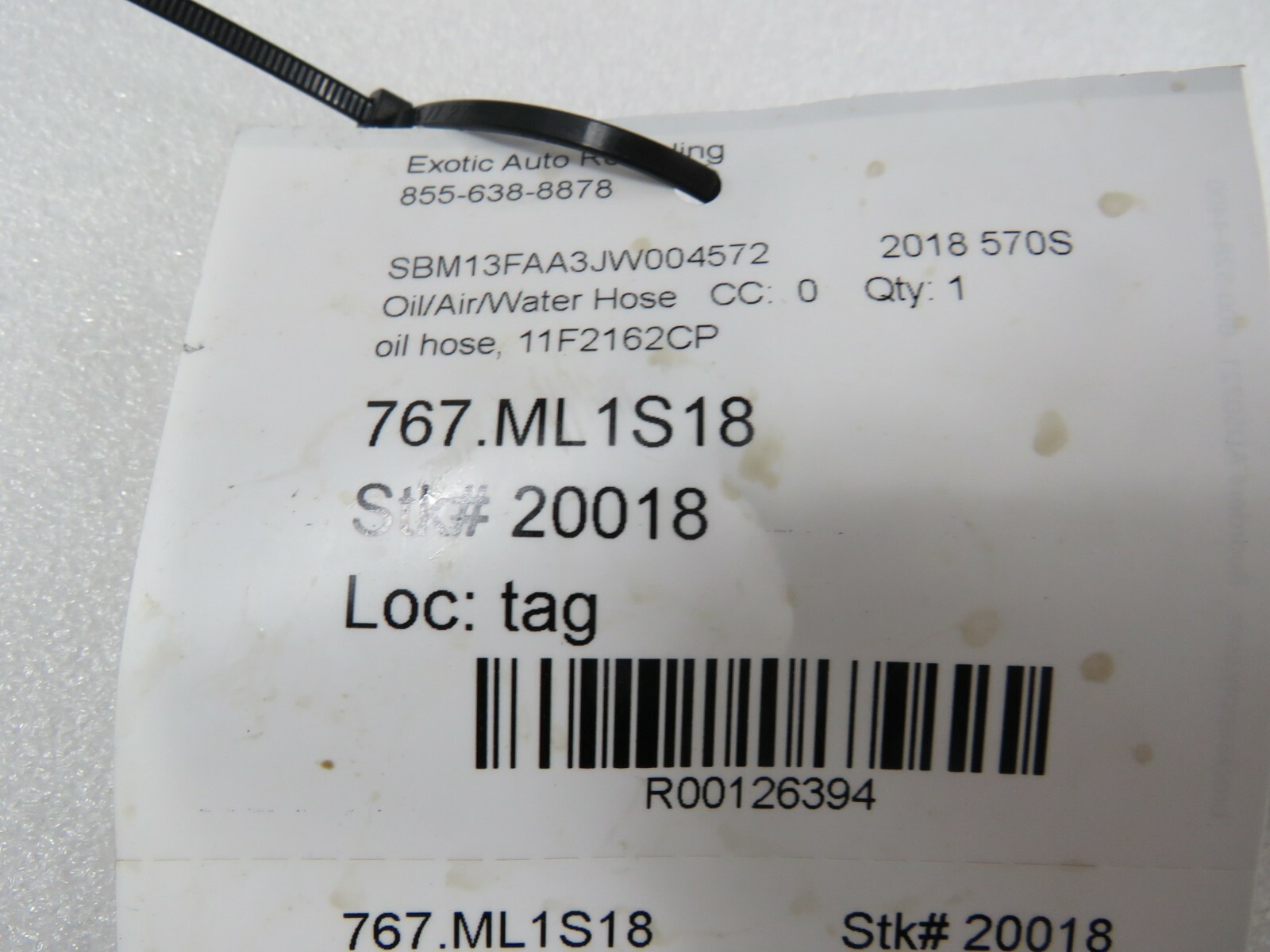 Mclaren 570s, Oil Hose, Used, P/N 11F2162CP