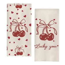 Red Bow Cherry Heart Coquette Kitchen Towels Set of 2 Preppy Lucky You Hand T...