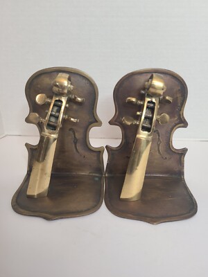 Vntg Handcrafted Violin Chello Bass Motif Solid Brass Bookends Set