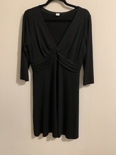 Three Dots V Neck Dress Size Large Black 3/4 Sleeve Soft Stretch Viscose Raw Hem