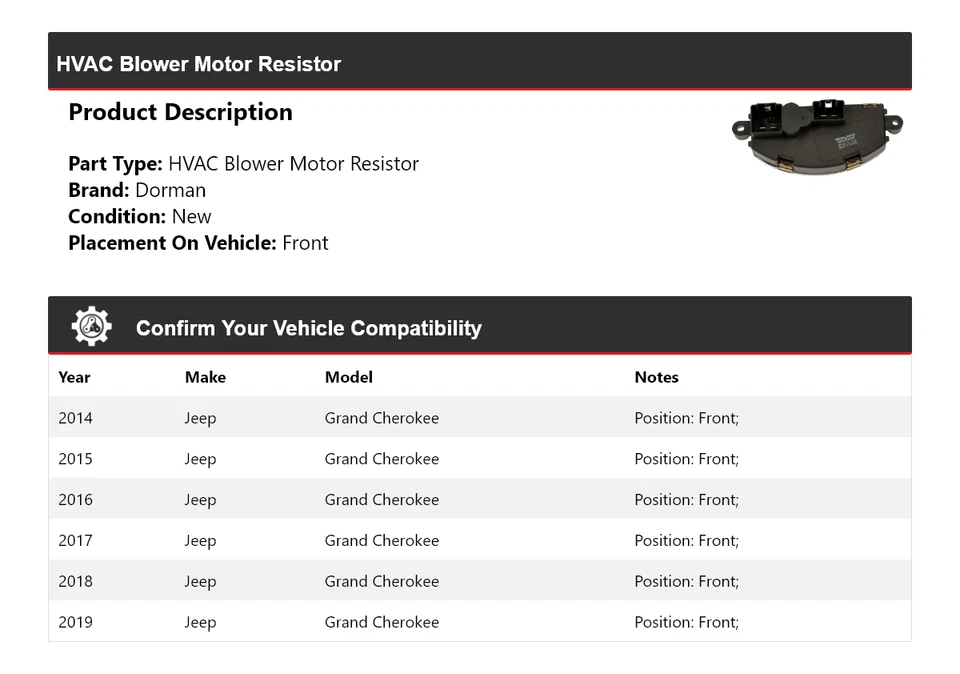 For 2014-2019 Jeep Grand Cherokee Dorman HVAC Blower Motor Resistor Front 2015 - Image 2 of 4