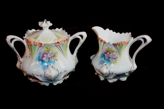 LOVELY RS PRUSSIA Creamer & Lidded Sugar Set Floral With Cutouts
