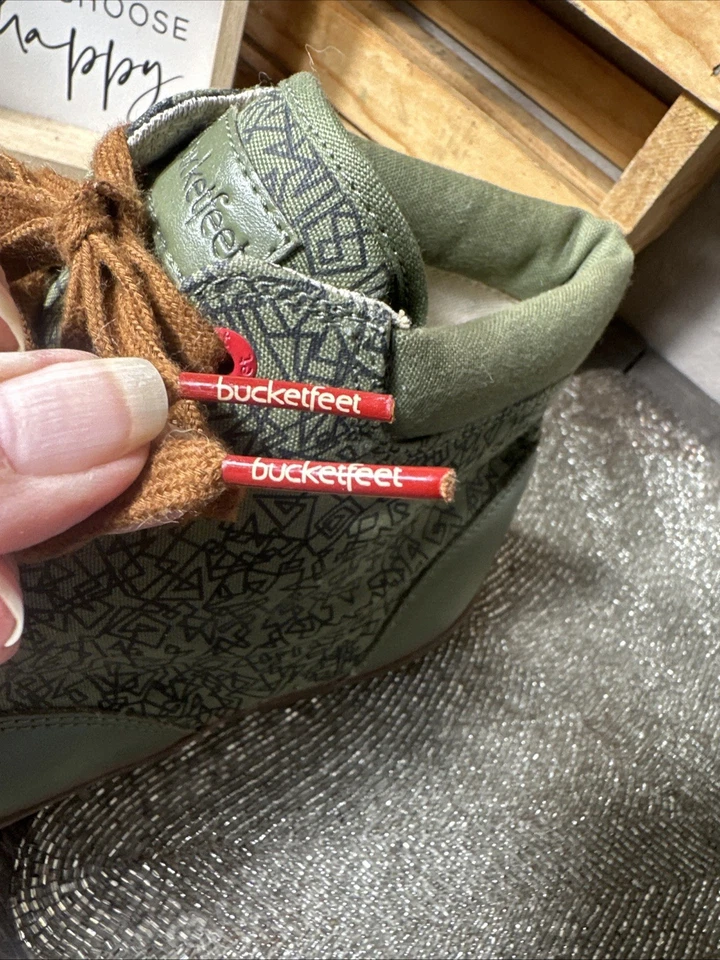 BucketFeet FireStein Khaki Green Leather Print Canvas Mid-Top Sneakers 13/46 EUC - Image 3 of 4