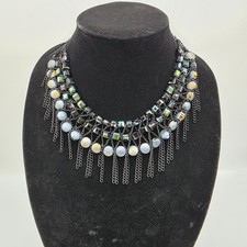 Vintage Womens Bohemian Statement Bib Necklace Black Beaded On Tassels 24"