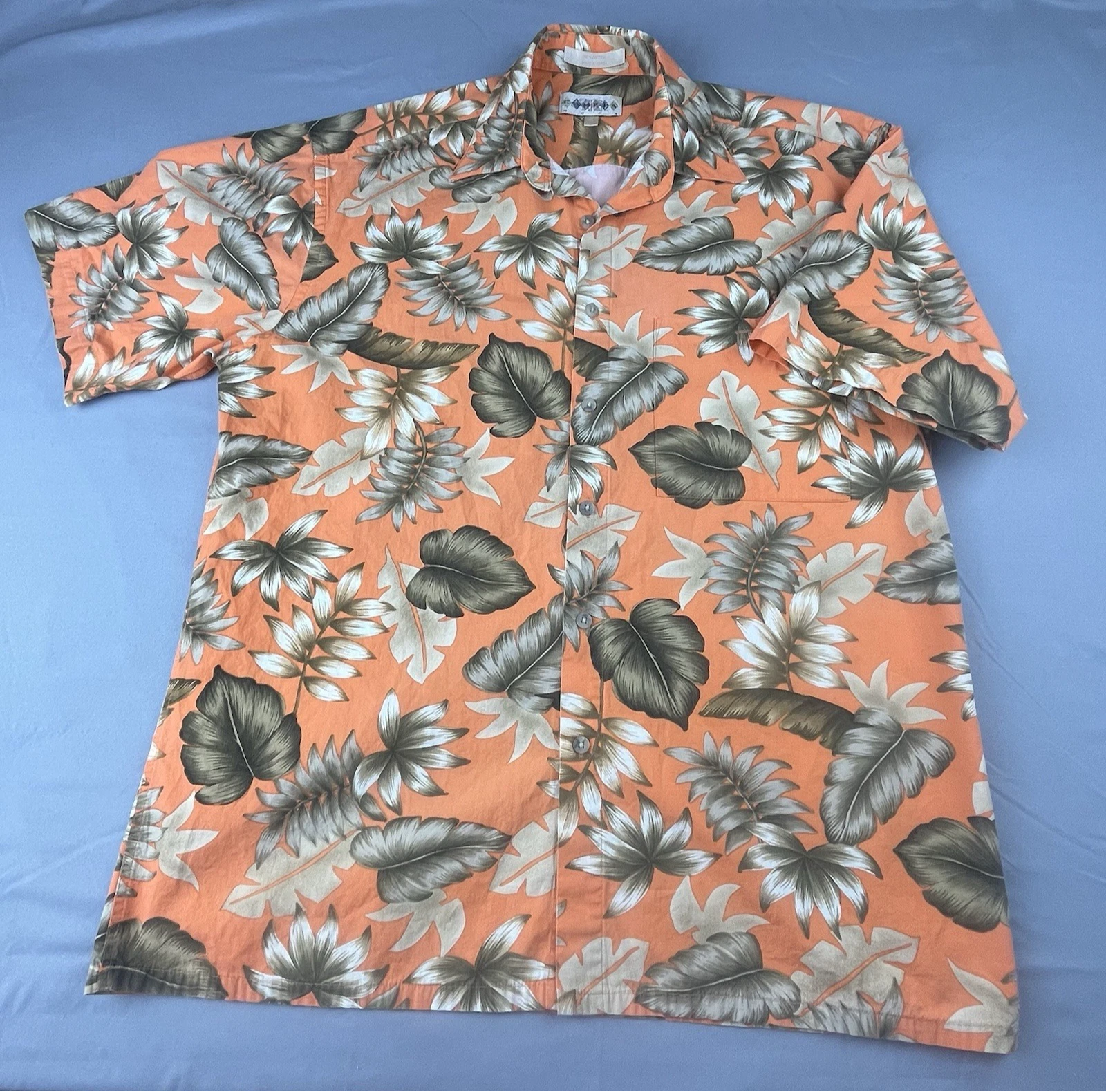 Campia Moda Mens L Hawaiian Shirt Orange Tropical Floral VTG Button Up