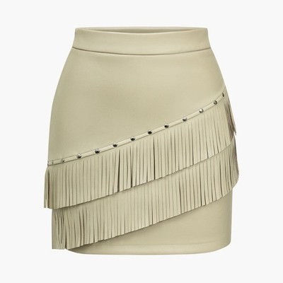 MICAS Solid Fringe Studded Mini Skirt Tan Sz L Southwest Cow Girl Effortless