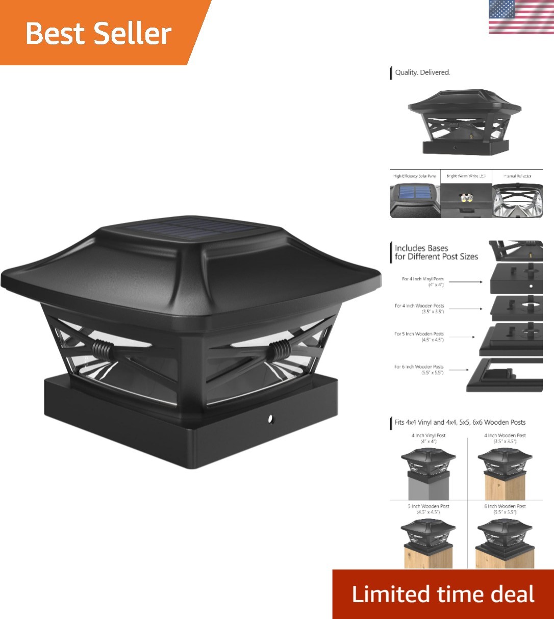 Slate Black Solar Outdoor Post Cap Lights for 4x4, 5x5, 6x6 Posts – 25 Lumens