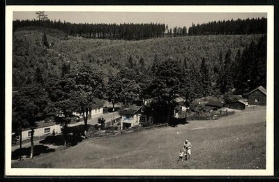 Photo postcard Morgenröthe diamond wreath, man with child in a meadow above the village 