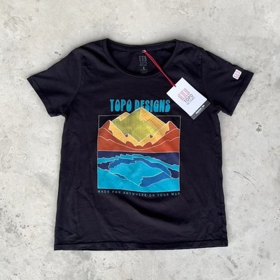 Topo Designs NWT Mountain Graphic Black Organic Cotton T Shirt Womens Size Small