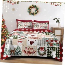 Christmas Size Quilt Set, Red White Buffalo Plaid Full/Queen Xmas Snowman 1